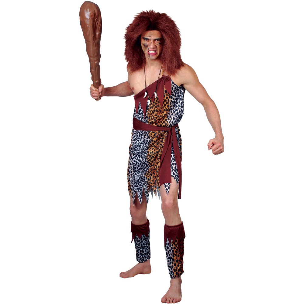 Neandertal man costume multi colour costume unic, belt, leg guards, headband and plastic tooth necklace