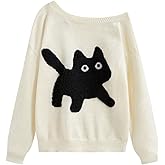 WDIRARA Women's Plus Size Cute Cat Graphic Sweater Off The Shoulder Long Sleeve Pullover Knit Tops
