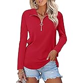 TICTICMISS Women's Long Sleeve Shirts Quarter Zip Pullover Collared V Neck Tops Fall Blouses