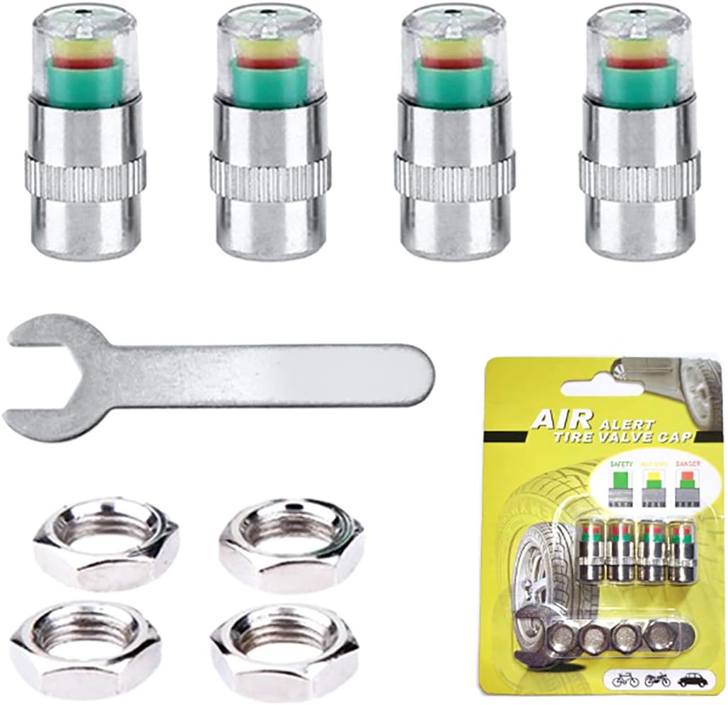 QISF 4Pcs Tire Tyre Pressure Monitor Valve Caps Warning Safety 3 Colors Sensor Indicator Anti-theft Caps Air Valve Caps with Nuts & Wrench
