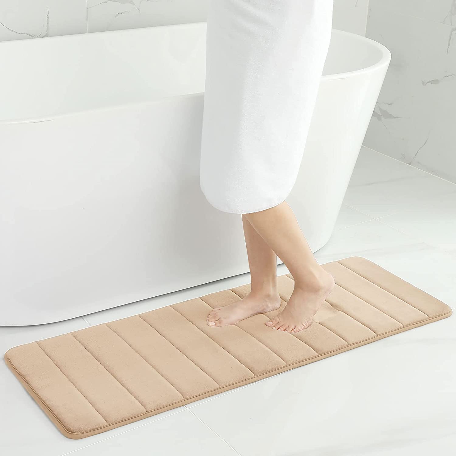 smiry Memory Foam Bath Mat, 40 x 120 cm, Extra Soft Non-Slip Bathroom Mat Runner, Super Absorbent Long Bath Mats for Bathroom Floor Machine-Washable Dry Bath Rug Foot Mat, Beige — image 1