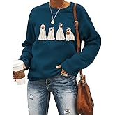 MYCHTE Halloween Ghost Dog Sweatshirt Women Dog Lover Tshirt Gift Casual Long Sleeve Pullover Tops Fall Holiday Shirt