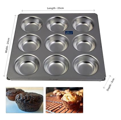 Rolex Aluminium 9 Cavity Muffin Bakeware Tray, 25x3x25cm(Silver)