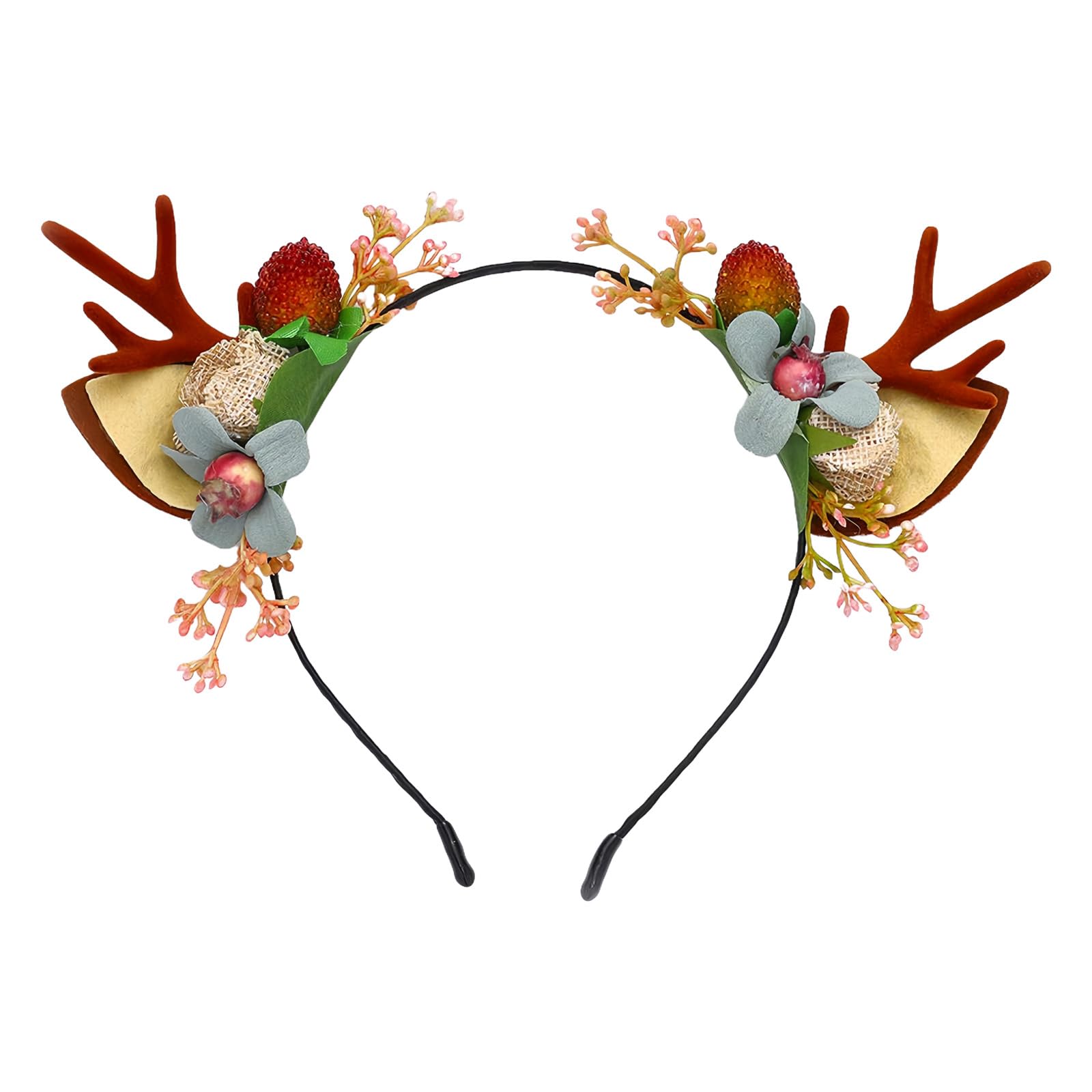 Floral Deer Antlers Headband Berry Crown Headdress Christmas Party Hair Accessories for Women Holiday Photo Props