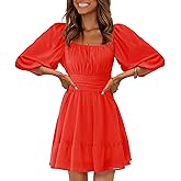 EXLURA Women's Lantern Sleeve Tie Back Summer Dress Ruffled Off Shoulder A-Line Vintage Mini Dress
