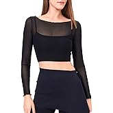 Harssidanzar Women's Workout Long Sleeve Yoga Shirts Mesh Gym Athletic Tops with Sports Bra CL309US