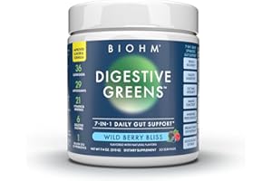 BIOHM Digestive Greens, Green Superfood Powder (7.4 Oz, 30 Servings) Immune & Gut Health Support with Antioxidants, Vitamins, Probiotics & Enzymes, Good Source of Fiber, Berry Flavor
