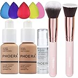 PHOERA Foundation 104 and 105 & Face Primer,Liquid Full Coverage Foundation Set,Foundation Brush Powder Brush,5 Makeup Sponge