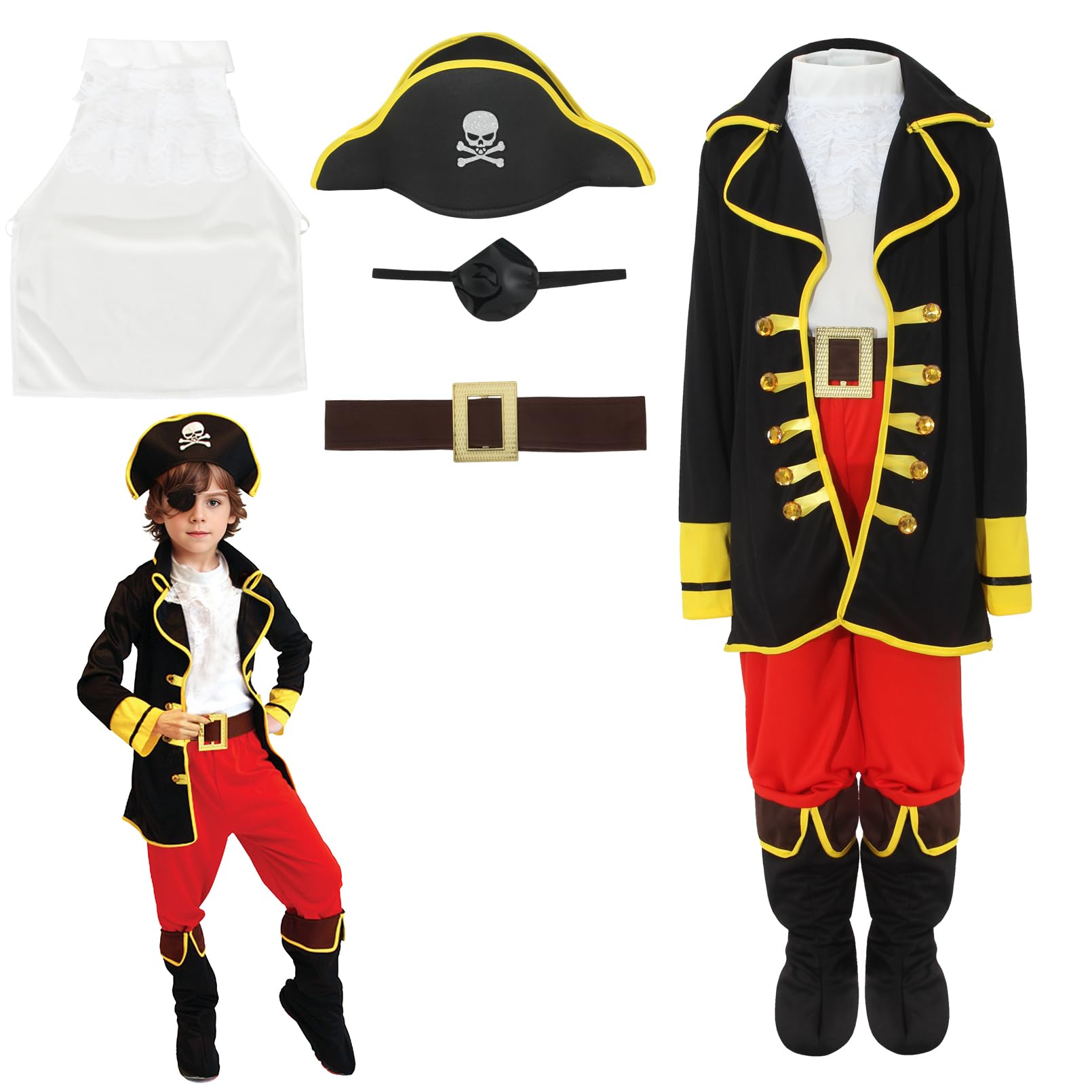 GEMVIE Kids Pirate Costume Boys Halloween Cosplay Captain Pirate Fancy Dress Carnival Pirate Outfit Set with Hat Eyepatch Belt