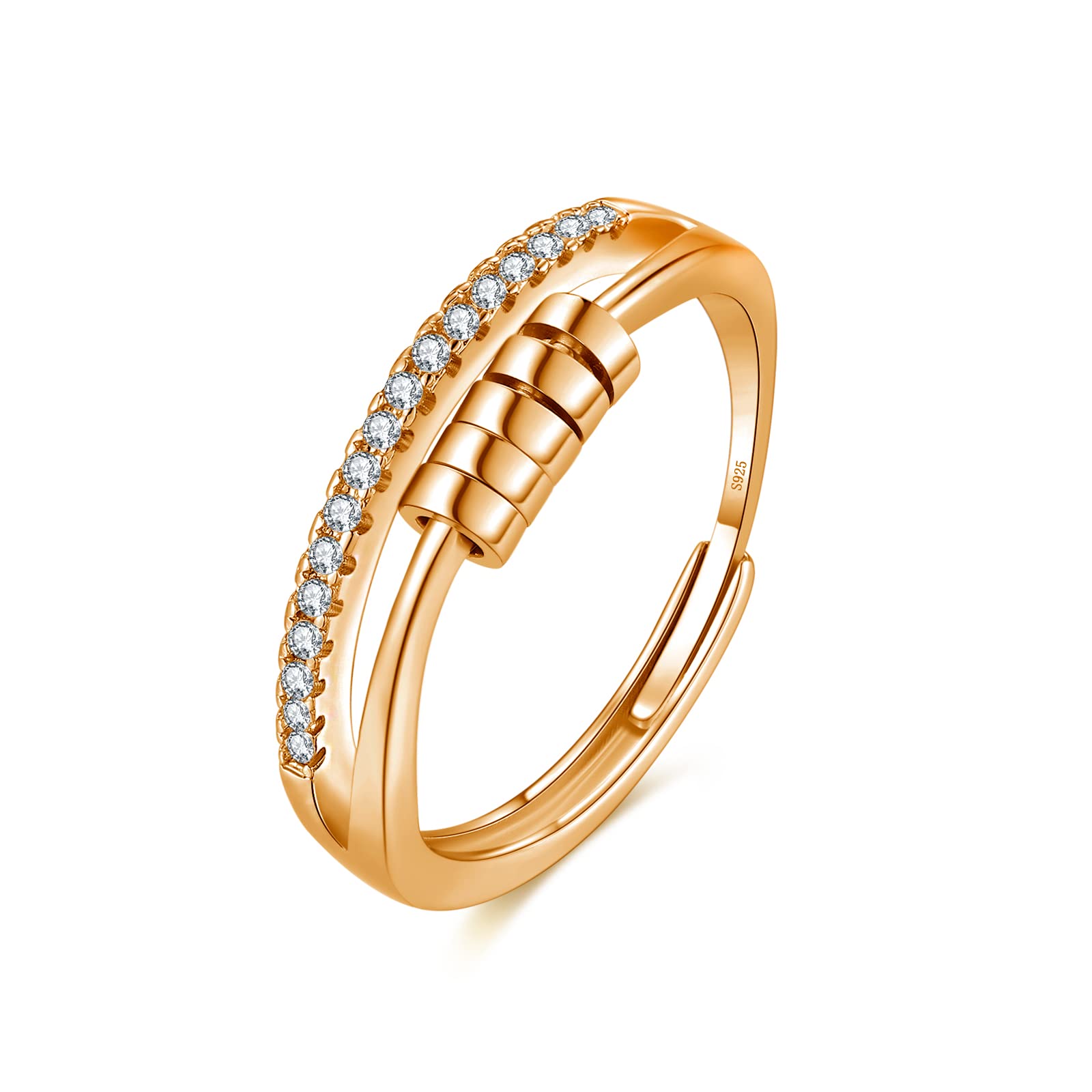 Wynn's Sterling Silver Fidget Ring for Adults - Anxiety Relief Spinner Rings with Cubic Zirconia, Rose Gold Option