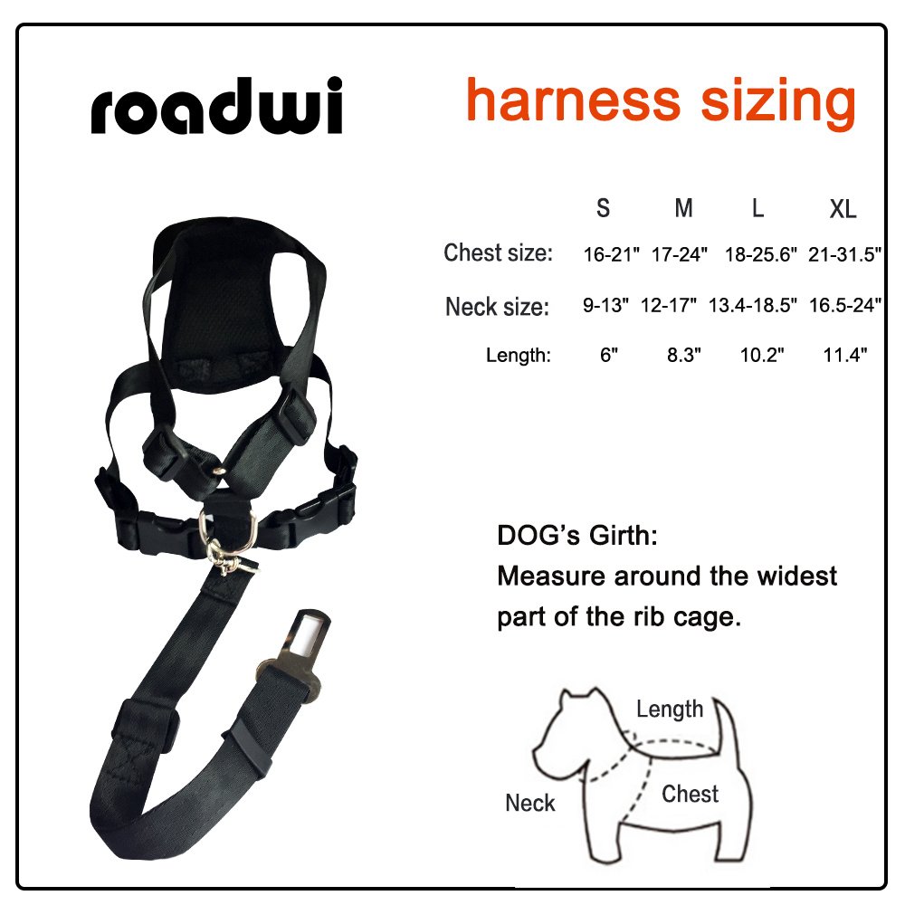 Roadwi No Pull Padded Dog Harness, Adjustable Mesh Pet Vest Harness with Vehicle Car Seat Belt Leash Set for Dogs & Cats (Large, Neck: 34-47cm Chest: 46-65cm)