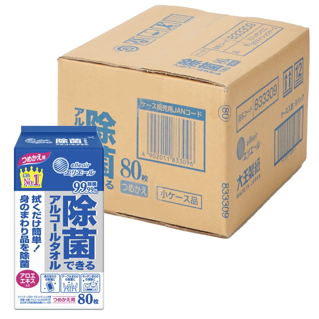 エリエール 除菌できるアルコールタオル ウェットティッシュ ボトル つめかえ 720枚(80枚×9パック) アルコールタイプ