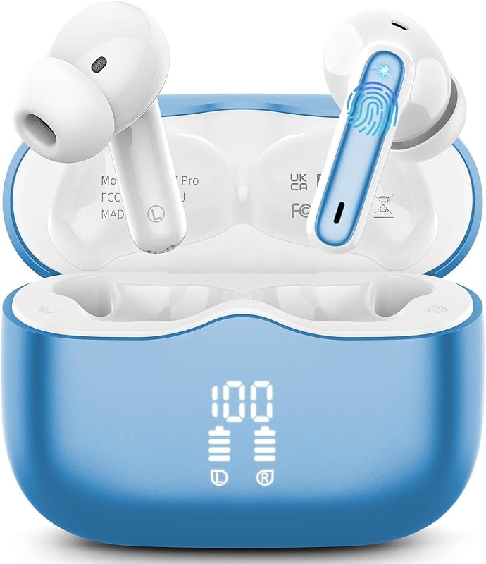 Ecouteurs Bluetooth Sans Fil, Écouteurs Bluetooth 5.4 Hi-FI Stéréo avec 4 ENC Réduction Antibruit Mic, 40H Casque Sans Fil, Écran LED, Contrôle Tactil, IP7 Étanche Oreillette pour iOS Android,Lac Bleu