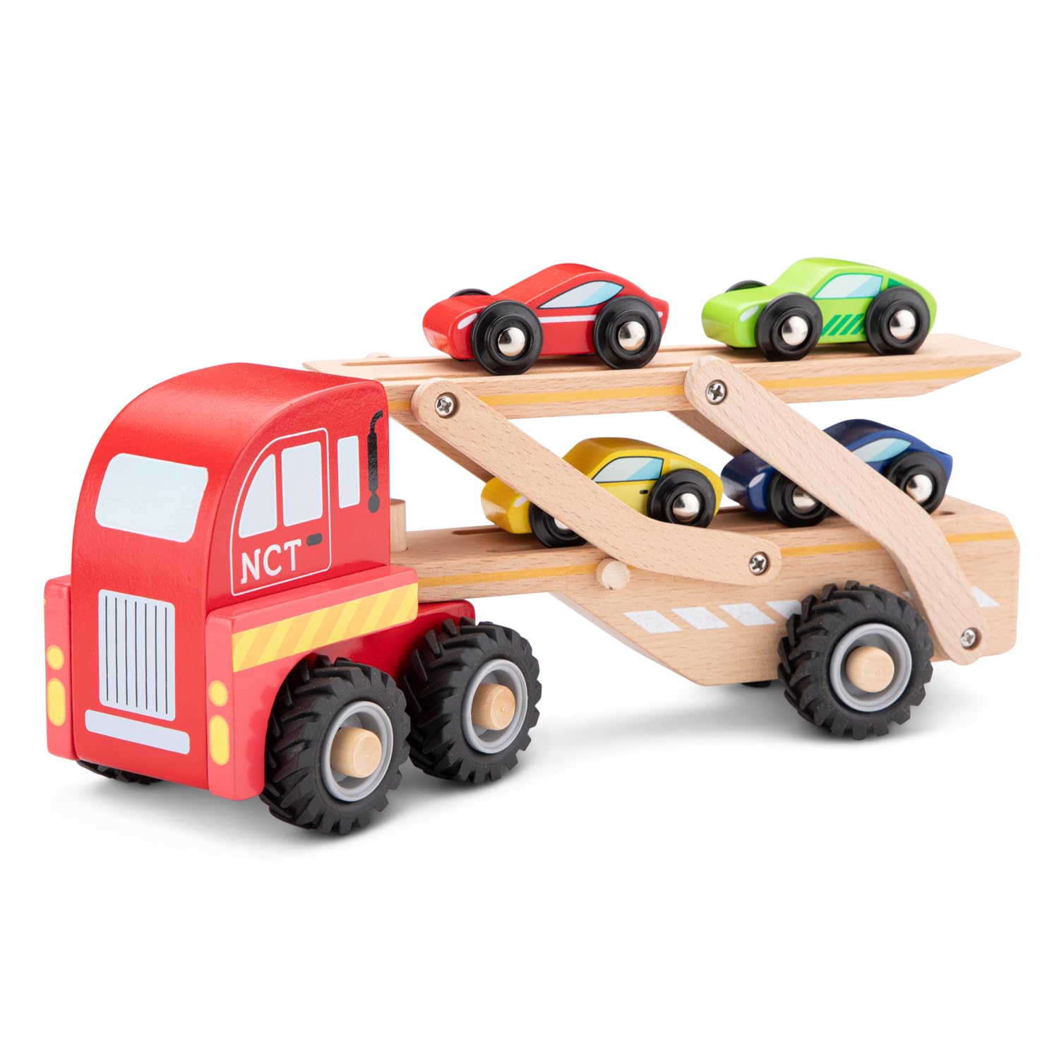 Woet® Wooden Toy Car Transporter for Kids - With 4 Vehicles - Vehicle Playset - Pretend Play Toy - Age 2 Years+