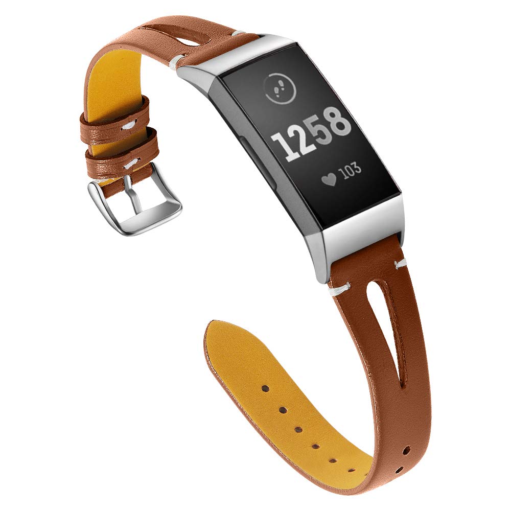 AISPORTS Compatible for Fitbit Charge 4/Charge 3 Strap Leather for Women, Soft Slim Hollow Breathable Leather Sport Wristband Metal Buckle Bracelet Replacement Band for Fitbit Charge 4/3