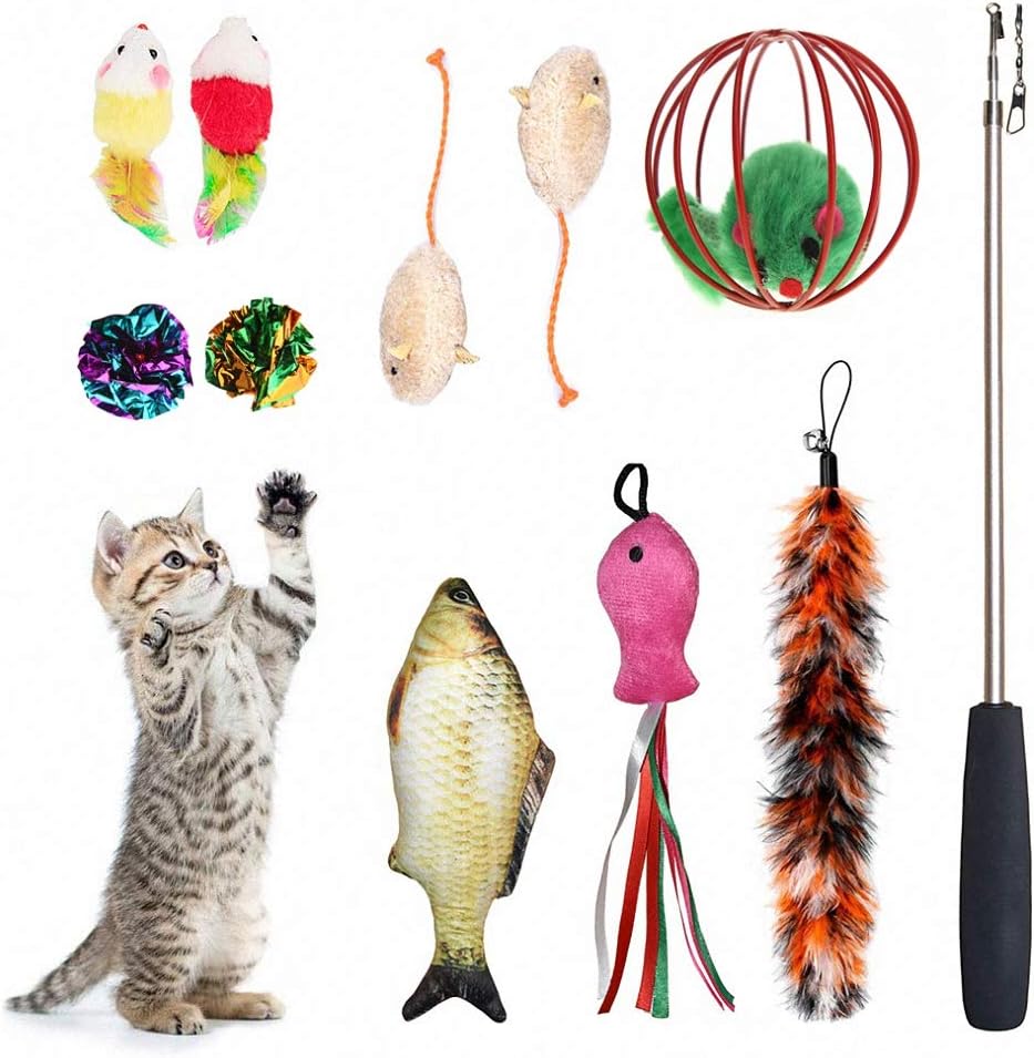 Pudwy 1/2/3/5/10 pcs Interactive Elastic Rod Chick Fish Pets Toys with Bells Cat Play Feather Toys Fishing Stick Random Color