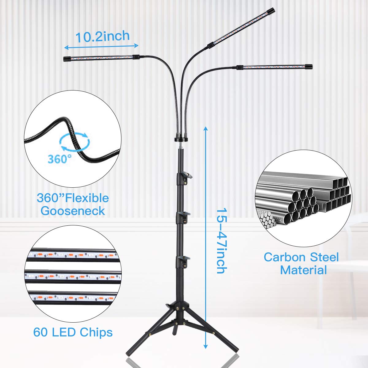 GooingTop Grow Light for Indoor Plants,5000K Full Spectrum Growing Plant Lamp with White Red Blue LED for Pots Succulents Seed Starting,Height Adjustable 10-32'' with Optional Dimming & Timer