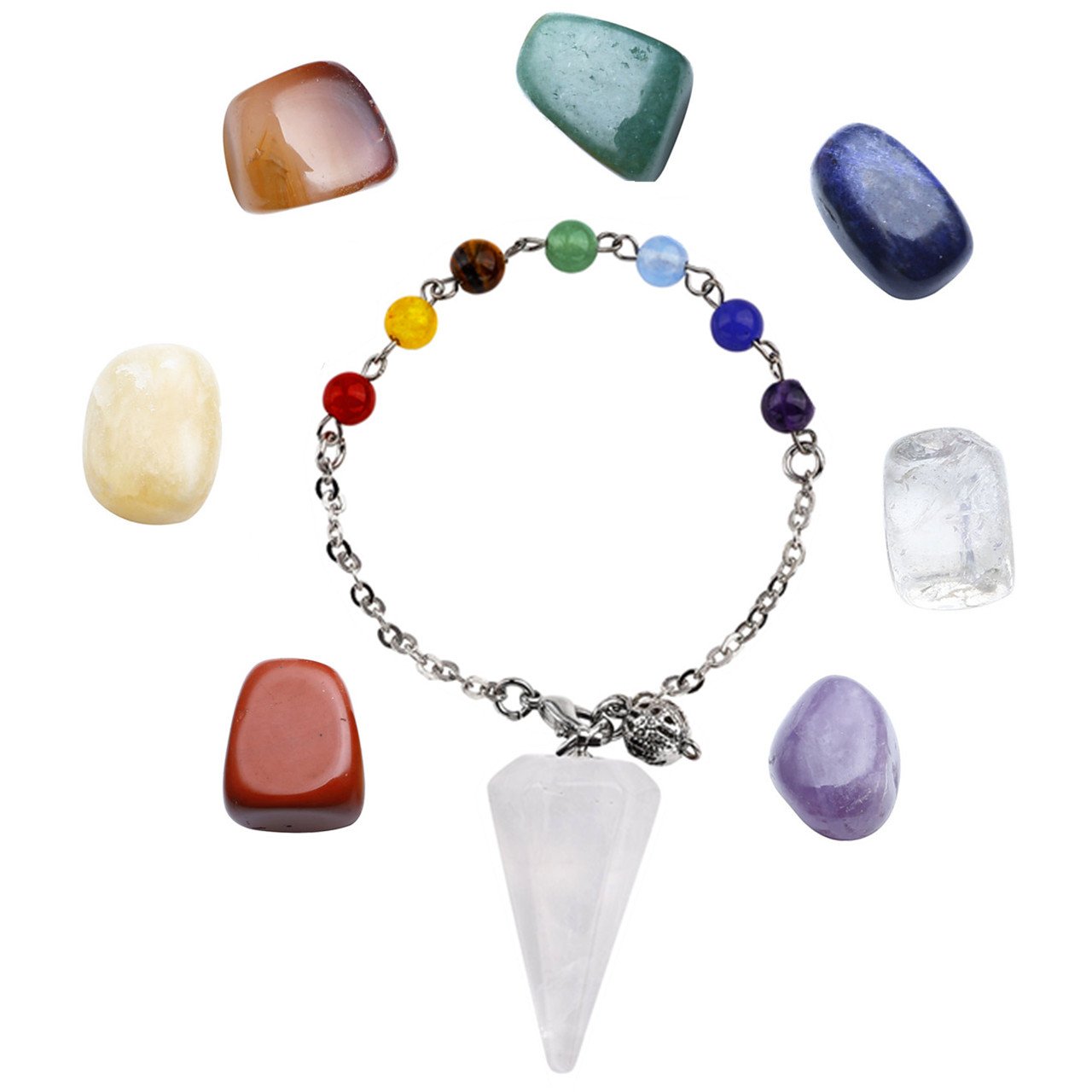 JOVIVI Pendule Esoterisme Radiesthesie Divination Rod Hexagone 7 Pierres Chakra Pendentif Combinaison Bracelet + 7 Pierres Chakras Naturelles Irregularite Tibetin Bouddhiste - Cristal Blanc