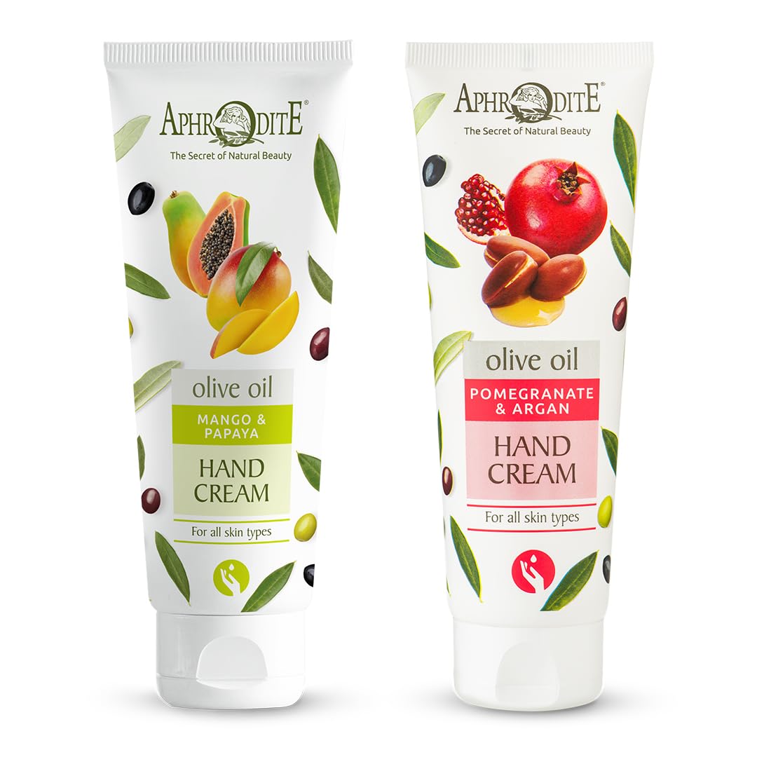 Aphrodite Hand Care Bundle. 2 Piece Moisturizer Gift Set to Relieve Dry, Itchy Skin. Includes Hand Cream with Mango & Papaya (100 ml) and Hand Cream with Argan & Pomegranate (100 ml)