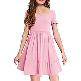 Haloumoning Girls Dresses Kids Summer Short Sleeve Square Neck Dress with Side Pockets 5-14 Years
