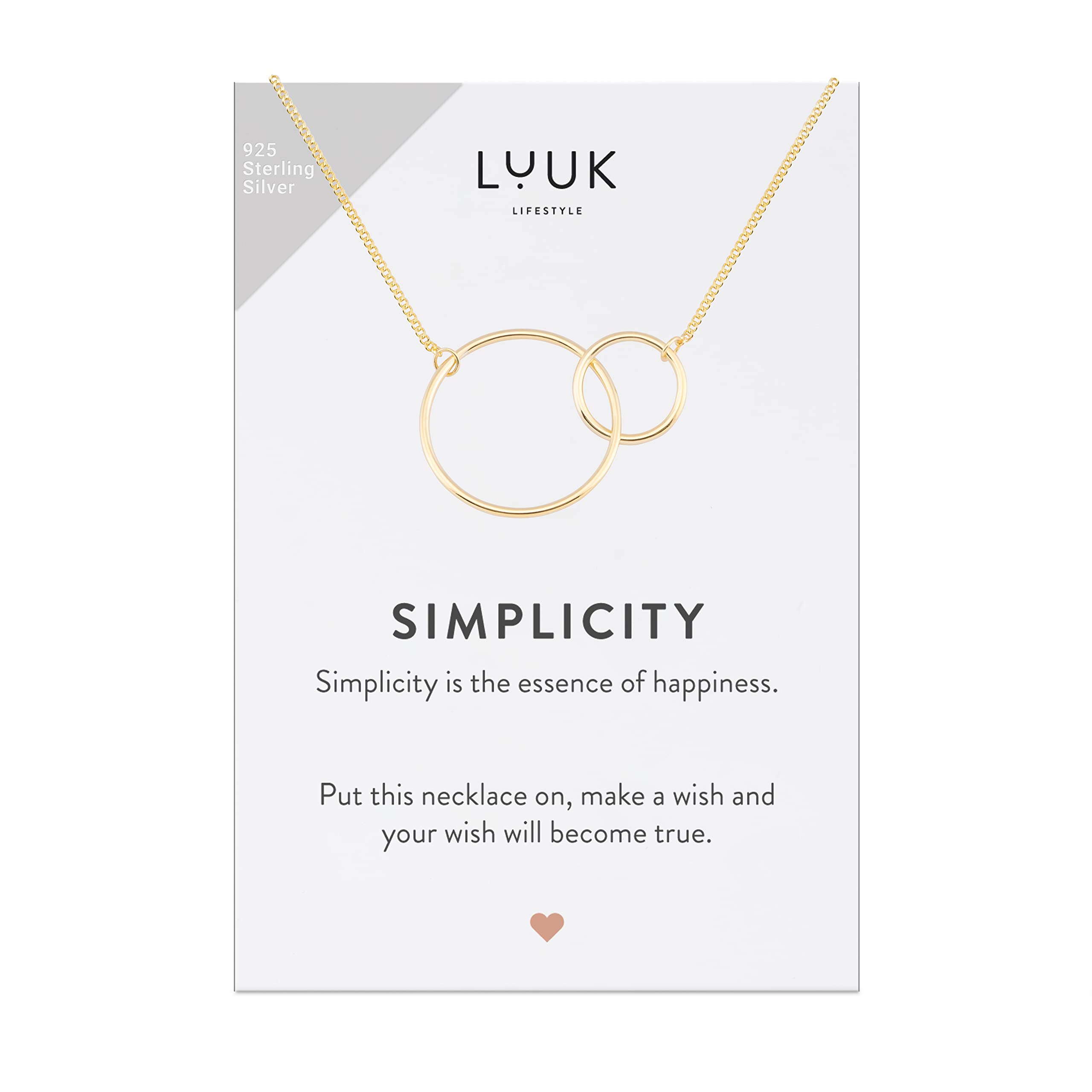 LUUK LIFESTYLE 925 sterling silver necklaces with lucky charm, pendant, SIMPLICITY gift card, daily wear, durable, hypoallergenic metal, summer trend, silver, gold, rosé (Two Rings, Gold)