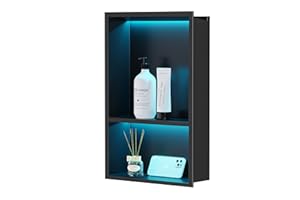 Qeke Stainless Steel Shower Niche 12" X 18", No Tile Needed Wall Niche with RGB Led Light, Recessed Shower Shelf for Bathroom Storage Over Mount Installation, Matte Black