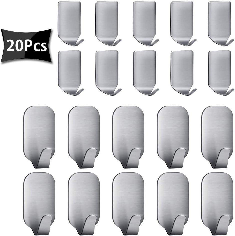Self Adhesive Hooks, Stainless Steel 3M Stick on Hook for Robe, Coat, Towel, Home, Kitchen, Bathroom, Water and Rust Proof 20 Pack Christmas