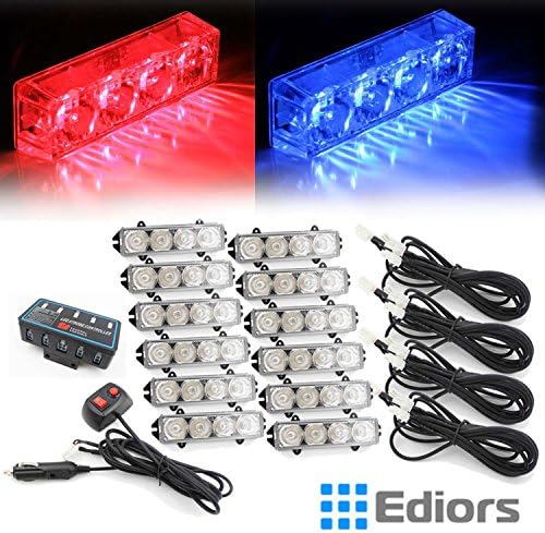 Ediors New Emergency Vehicle Waterproof Surface Mount Deck Dash Grille Strobe Light Warning Police Light Head with Clear Lens (4 x 12 LED, Red / Blue)