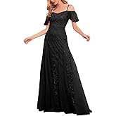 YHHOWEP Women’s Long Formal Evening Gowns Off Shoulder Sequin Tulle Dress Prom Gown Bridesmaid Wedding Guest Dresses