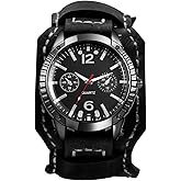 JewelryWe Men's Steampunk Leather Watches - Analog Quartz Gothic Triple Subdial Wide Cuff Watch Adjustable Genuine Leather Strap Wristwatch for Father's Day