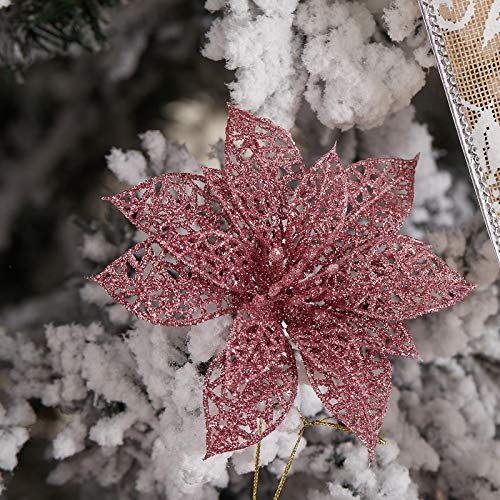 12 Pcs Christmas Tree Decorations Glitter Rose Gold Poinsettia