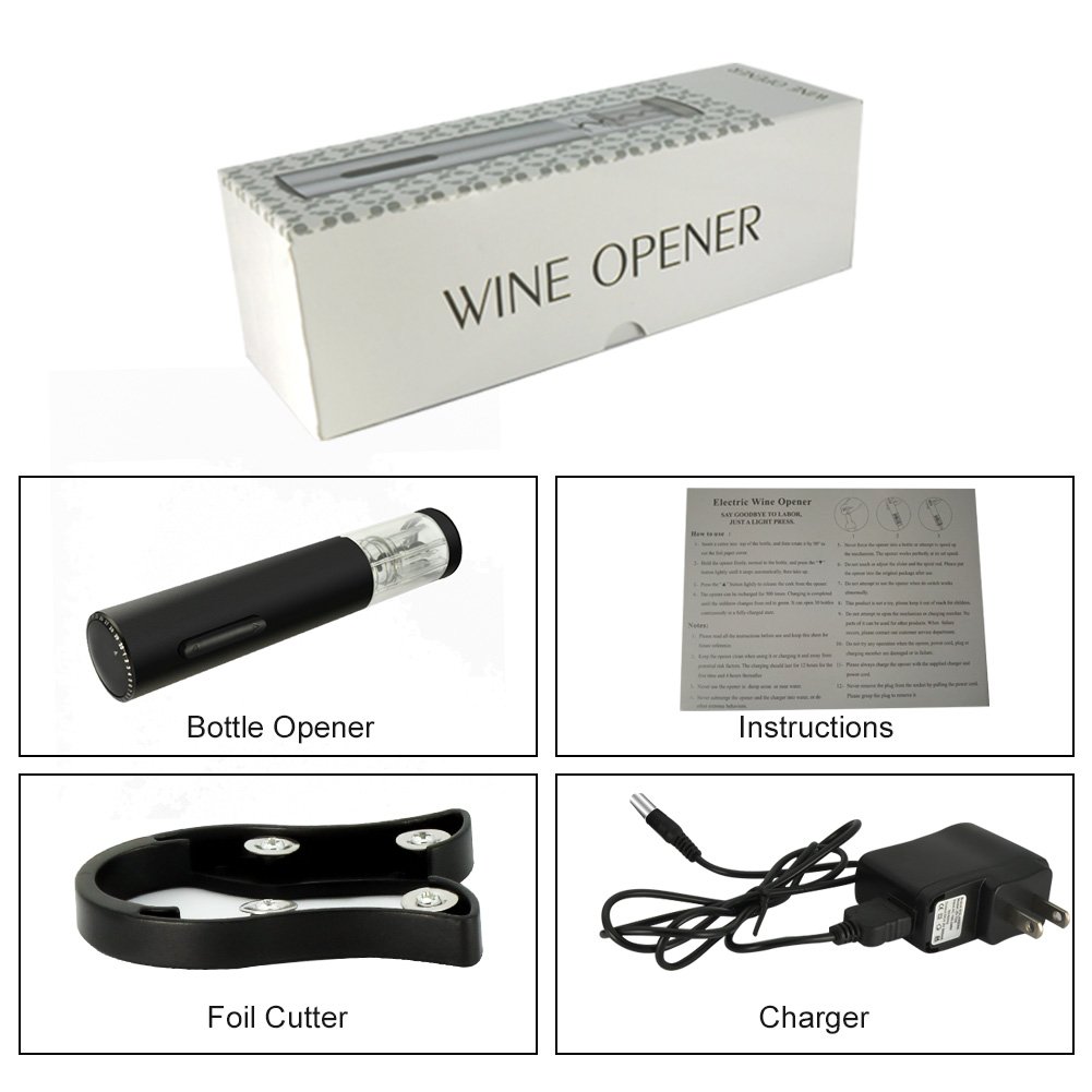 Wine Bottle Opener Aluminum Alloy Rechargeable Wine Opener Set with Foil Cutter,Built-in NiMH Battery and Opens Up to 30 Bottles on a Single Charge … (WO-K06-FBM)