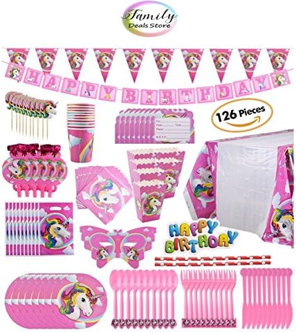 Family Deals Store Unicorn Party Pack Decorations Supplies 126 Piece Children Rainbow Butterfly Mask Name Tag Table Cloth Happy Birthday Hanging Banner Cupcake Topper Cutlery Napkins Balloons