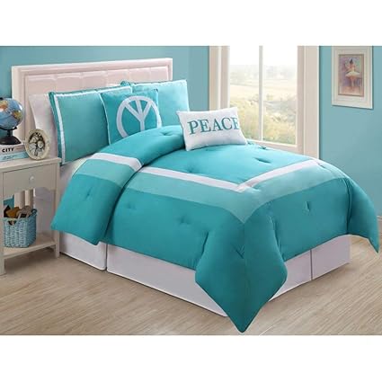 Amazon Com 5 Piece Girls Turquoise Peace Full Comforter Set