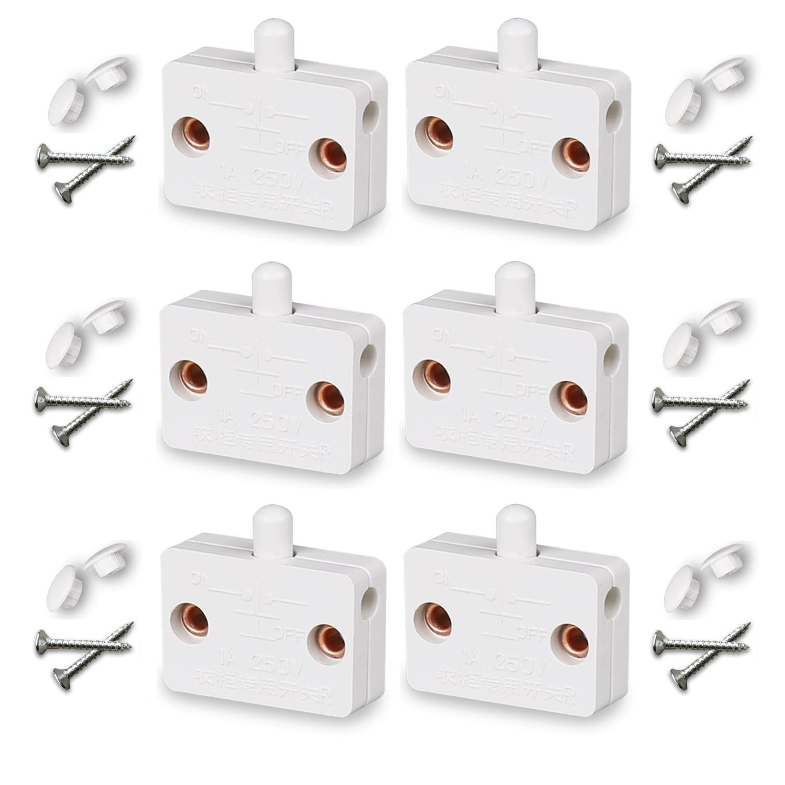 Switian Auto On/Off Cabinet Light Switch 1A 250V - 6 Pack Push Activated Door Sensor, Universal White Switch for Wardrobes, Pantries, Kitchen & Storage Units