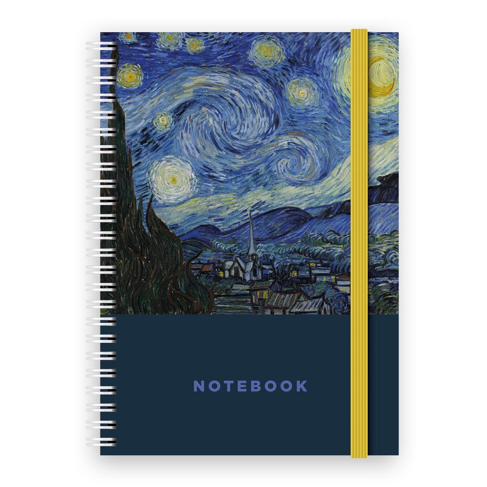 Cauliflower Journals A5 Spiral Bound Journal Notebook- Van Gogh - Starry Night Cover Design, 120 Ruled Pages and Elastic Page Divider (Starry Night), UK Made