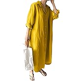 GGUHHU Womens Chic Button Down Rolled-Up Sleeve Long Cotton Blouse Maxi Dress (X-Small, Yellow)