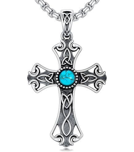 DOLIOX Genuine Turquoise Cross Necklace for Women Men 925 Sterling