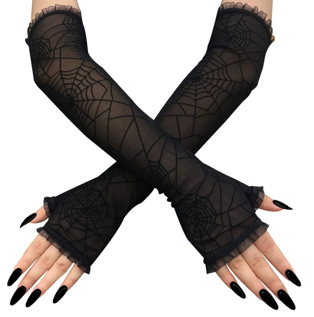 Faxianther Spider Wed Halloween Black Long Fingerless Gloves Women Costume Accesorry