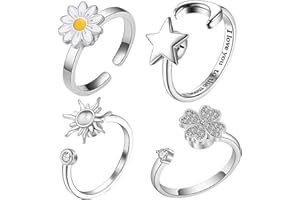 4 Pcs Fidget Rings for Women Adjustable Anxieties Stress Relief Fidget Ring Spinner, Daisy Flower Moon Sun Four Leaf Lucky Ri