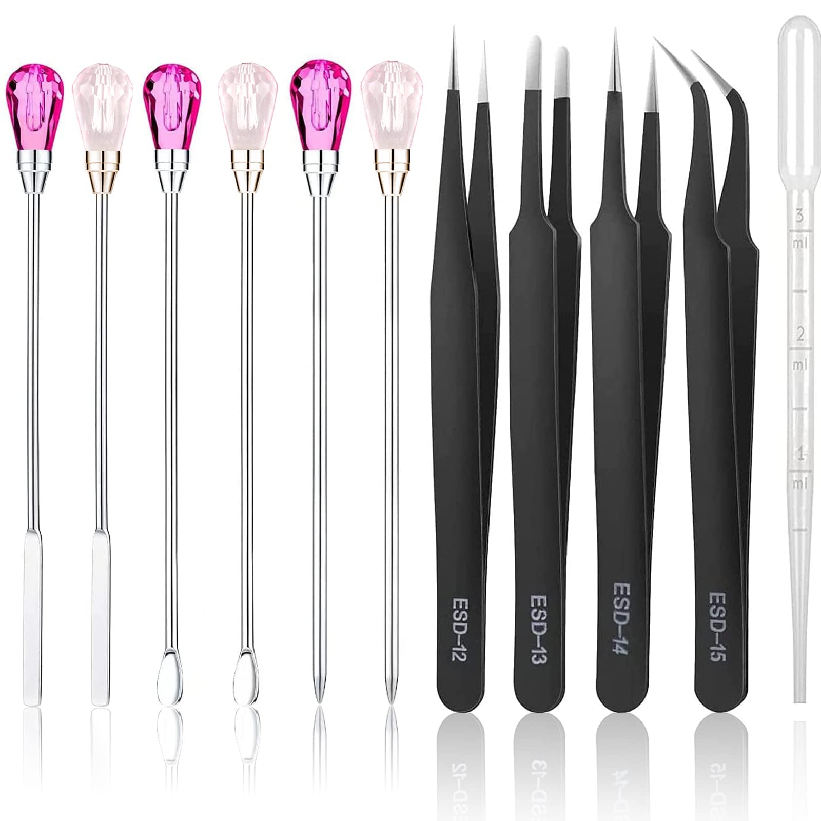 11 Pcs Resin Accessories Set Silicone Resin Mold Tools Kit Resin Craft Tweezers Stirring Needle Spoon Dropper Stainless Steel Anti-Static for Craft Jewelry Making Powder Liquid Stirring (Red+Pink)