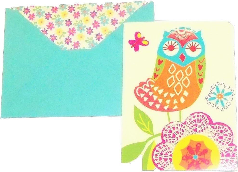 Decorative Blank Note Cards with Matching Envelopes ~ Owl and Flowers (6 Cards with Blue Envelopes Featuring a Multicolored Floral Lining; 3.75" x 5")