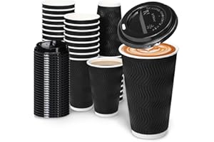 BYSNOW 16oz Coffee Cups with Lids, 100 Pack Insulated Ripple Paper Cups, Disposable Coffee Cups for Water, Juice, Coffee (Black 16oz)