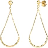 14k Yellow Real Gold Half Circle Bar Hanging On Chain Drop Earrings