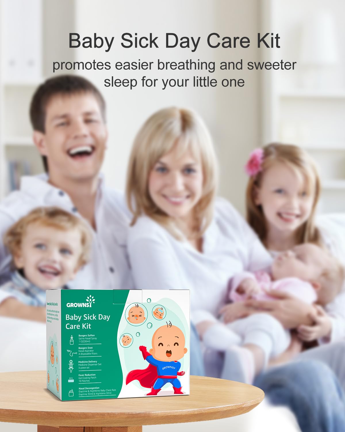 GROWNSY Baby Sick Day Care Kit, Saline Nasal Spray, Nasal Aspirator for Baby, 2 PCS Day & Night Chest Rubs, Baby Medicine Dispenser and Fever Patch for Kids
