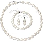 Exquisite AAA+ Genuine Freshwater Pearl Jewelry Set – Necklace, Bracelet & Earrings in White, Black, Pink, or Lavender – Elegant Gift for Women