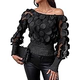 UOOZEE Women's Long Sleeve Mesh Top Off Shoulder Sheer Blouse See Through Tops