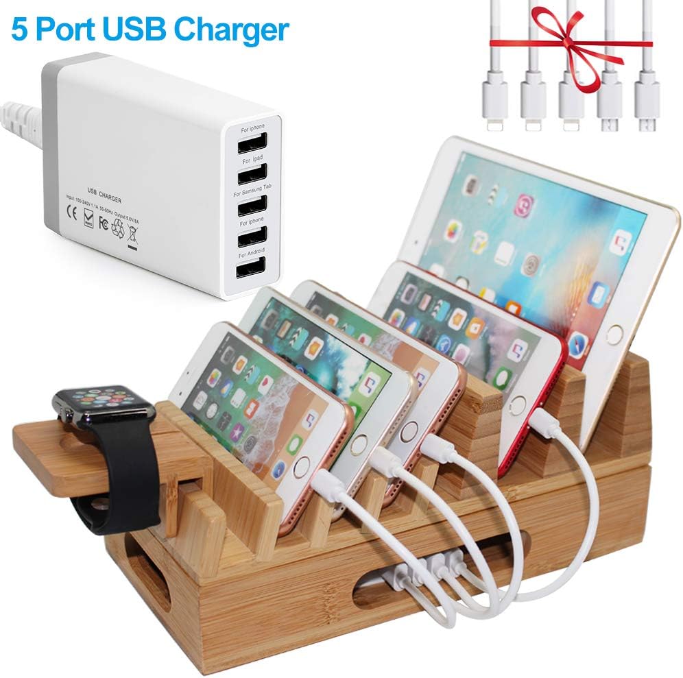 Pezin & Hulin Bamboo Charging Station Holder with 5 Port USB Charger, Watch Stand, 5 x Charge Cable, Wood Docking Stand Electronic Organizer for Multiple Devices, Phones, Tablets, Laptop and More