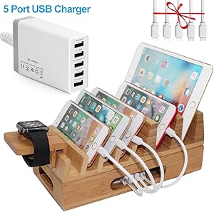 Pezin & Hulin Bamboo Charging Station Holder with 5 Port USB Charger, Watch Stand, 5 x Charge Cable, Wood Docking Stand Electronic Organizer for Multiple Devices, Phones, Tablets, Laptop and More