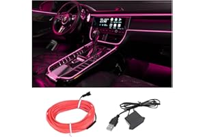 HIPOPY EL Wire LED Strip Lights, USB Auto Neon Light Strip with Sewing Edge, 16FT Electroluminescent Ambient Lighting Kit with Fuse Protection, Car Decoration Accessory (Pink/16FT)